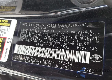 2019 Toyota Camry Se from USA, damaged, VIN 4T1B11HKXKU842532